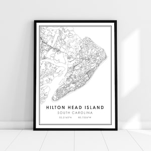 Carte de Hilton Head Island imprimer poster canvas | Carte de Caroline du Sud imprimer poster canvas | Carte de la ville de Hilton Head Island imprimer une toile d’affiche