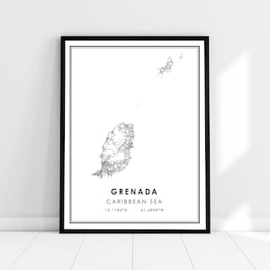 May include: A black and white line art map of Grenada, a Caribbean island nation. The map is framed in a black frame and includes the text "GRENADA CARIBBEAN SEA 12.1186°N 61.6898°W".