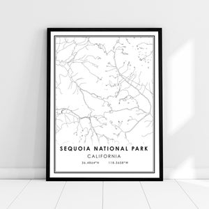 May include: Black and white line art print of Sequoia National Park in California. The print includes the park's name, state, and coordinates: 36.4864°N 118.5658°W.