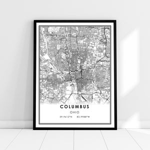 May include: Black and white map print of Columbus, Ohio with the city name and coordinates in the bottom right corner.