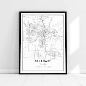 May include: Black and white map print of Delaware, Ohio. The map shows the city streets and features the text "Delaware, Ohio" and the coordinates "40.2987°N 83.0680°W".
