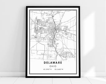 May include: Black and white map print of Delaware, Ohio. The map shows the city streets and features the text "Delaware, Ohio" and the coordinates "40.2987°N 83.0680°W".