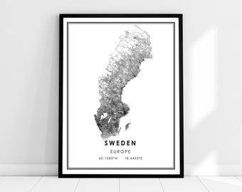 Sweden map print poster canvas | Europe map print poster canvas | Sweden road map print poster canvas