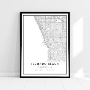 Redondo Beach carte imprimer poster toile | Carte de Californie imprimer poster canvas | Carte de la ville de Redondo Beach imprimer poster canvas