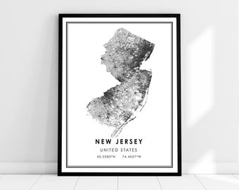 May include: Black and white map print of New Jersey, United States. The map shows the state's roads and highways. The text "NEW JERSEY" and "UNITED STATES" is printed below the map, along with the coordinates "40.0583°N 74.4057°W".