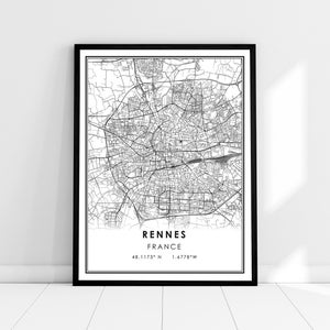 Carte de Rennes imprimer poster toile | Carte de France imprimer poster toile | Plan de la ville de Rennes imprimer poster canvas