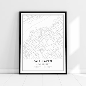 May include: A black and white line art map of Fair Haven, New Jersey. The map shows the streets and waterways of the town. The text "FAIR HAVEN, NEW JERSEY, 40.3607°N 74.0382°W" is printed below the map.
