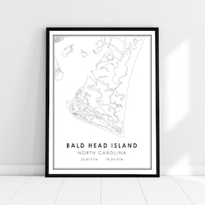 Bald Head Island carte imprimer poster toile | Carte de Caroline du Nord imprimer poster canvas | Carte de la ville de Bald Head Island imprimer poster canvas