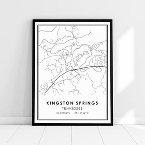 Toile d'affiche d'impression de carte de Kingston Springs Tennessee | Toile d'affiche d'impression de carte de ville de Kingston Springs