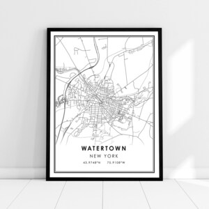 Watertown carte imprimer poster toile | | d’impression d’affiche de carte de New York Carte de la ville de Watertown imprimer poster canvas