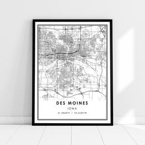 Des Moines carte imprimer poster toile | | d’affiche d’impression de carte de l’Iowa Carte de la ville de Des Moines imprimer poster canvas