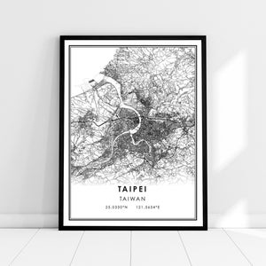 May include: Black and white line art map print of Taipei, Taiwan. The print features the city's streets and waterways. The text "Taipei, Taiwan" and the coordinates "25.0330°N 121.5654°E" are printed below the map.