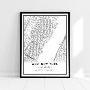 West New York carte imprimer poster canvas | Carte du New Jersey imprimer poster canvas | Carte de la ville de West New York imprimer poster canvas
