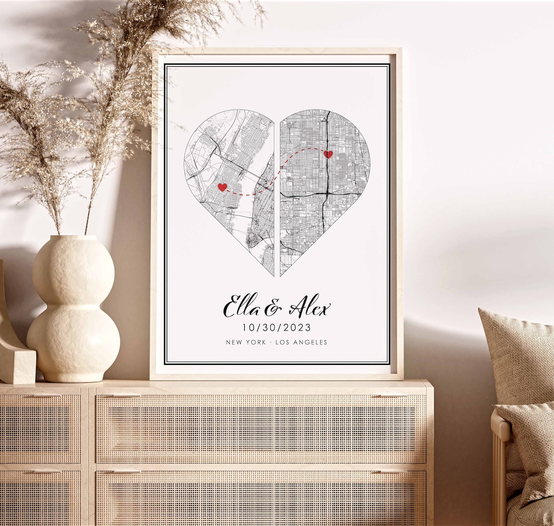 Custom Love Map Poster Canvas | Personalized 2 Maps Print | 2 Locations ...