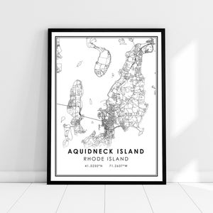 Carte de l’île Aquidneck imprimer poster toile | Carte du Rhode Island imprimer poster canvas | Toile d’affiche imprimée de la carte routière de l’île Aquidneck