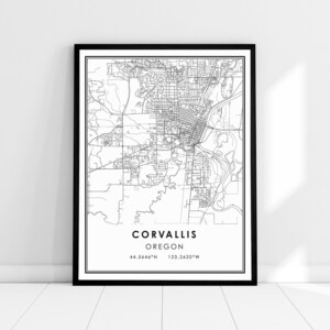 May include: Black and white line art map of Corvallis, Oregon. The map shows the city streets and landmarks. The text "Corvallis, Oregon" and the coordinates "44.5646°N 123.2620°W" are printed below the map.