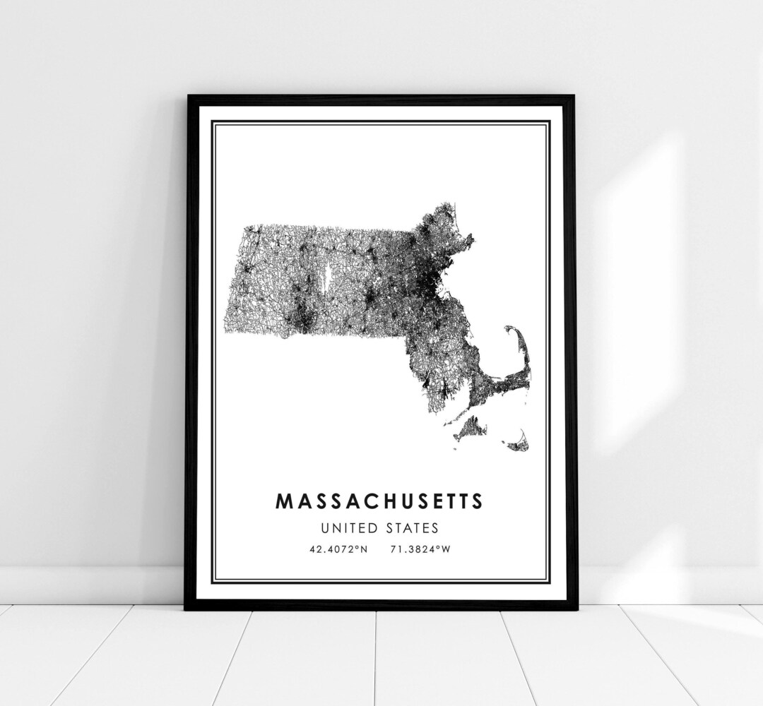Massachusetts Map Print Poster Canvas Massachusetts Road Map Print