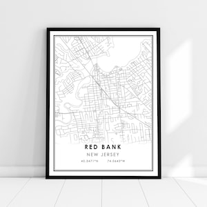 May include: Black and white line art map of Red Bank, New Jersey. The map shows the streets and waterways of the city. The text "Red Bank, New Jersey" and the coordinates "40.3471°N 74.0643°W" are printed below the map.