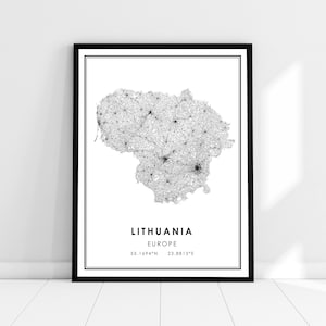 May include: A black and white line art map of Lithuania, showing the country's roads and cities. The map is framed in a black frame and has the text "Lithuania, Europe, 55.1694°N 23.8813°E" printed below the map.