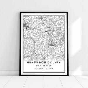Carte du comté de Hunterdon imprimer poster canvas | Carte du New Jersey imprimer poster canvas | Carte de la ville du comté de Hunterdon imprimer poster canvas