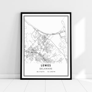 Lewes Delaware carte imprimer poster toile | Carte du Delaware imprimer l’affiche | Lewes Delaware carte de la ville imprimer poster canvas