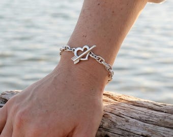 Silver Anchor Chain Bracelet, Mariner Link Chain, Heart Toggle Clasp, Valentine Gift for Her