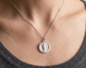 Sterling Silver Jesus Coin Pendant Necklace, Religious Coin Charm, Christian Jewelry