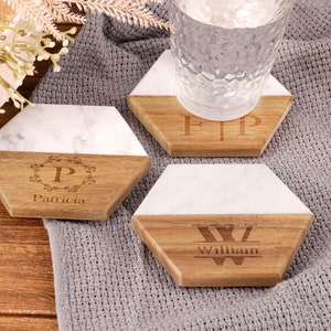 Personalized Wedding Coaster Gift Set, Engraved Coasters, Custom Marble Wood Coasters, House Warming Gift