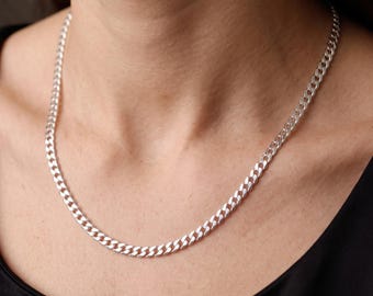 Solid Sterling Silver Curb Chain Necklace, Heavy Cuban Link Chain for Men, Dainty Unisex Jewelry for Women, Minimalist Layering Chain