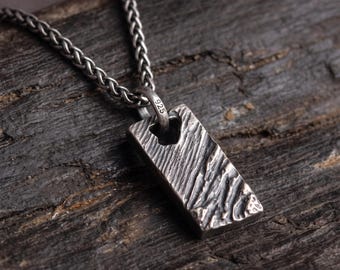 Sterling Silver Textured Rectangle Tag Pendant Necklace, Rustic Tag Man Necklace, Viking Talisman Gift for Men