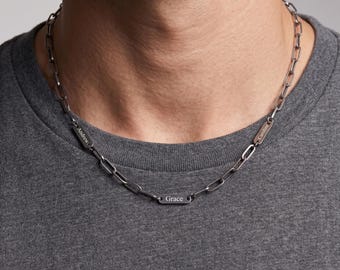 Personalized Sterling Silver Paperclip Chain Name Necklace, Engraved Bar Necklace