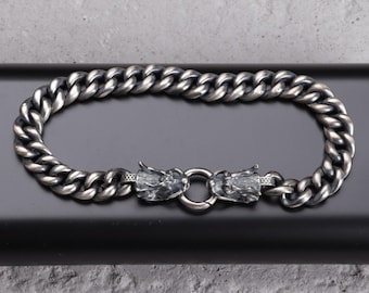 Sterling Silver Cuban Curb Chain Bracelet, Silver Dragon Bracelet, Silver Viking Bracelet for Men
