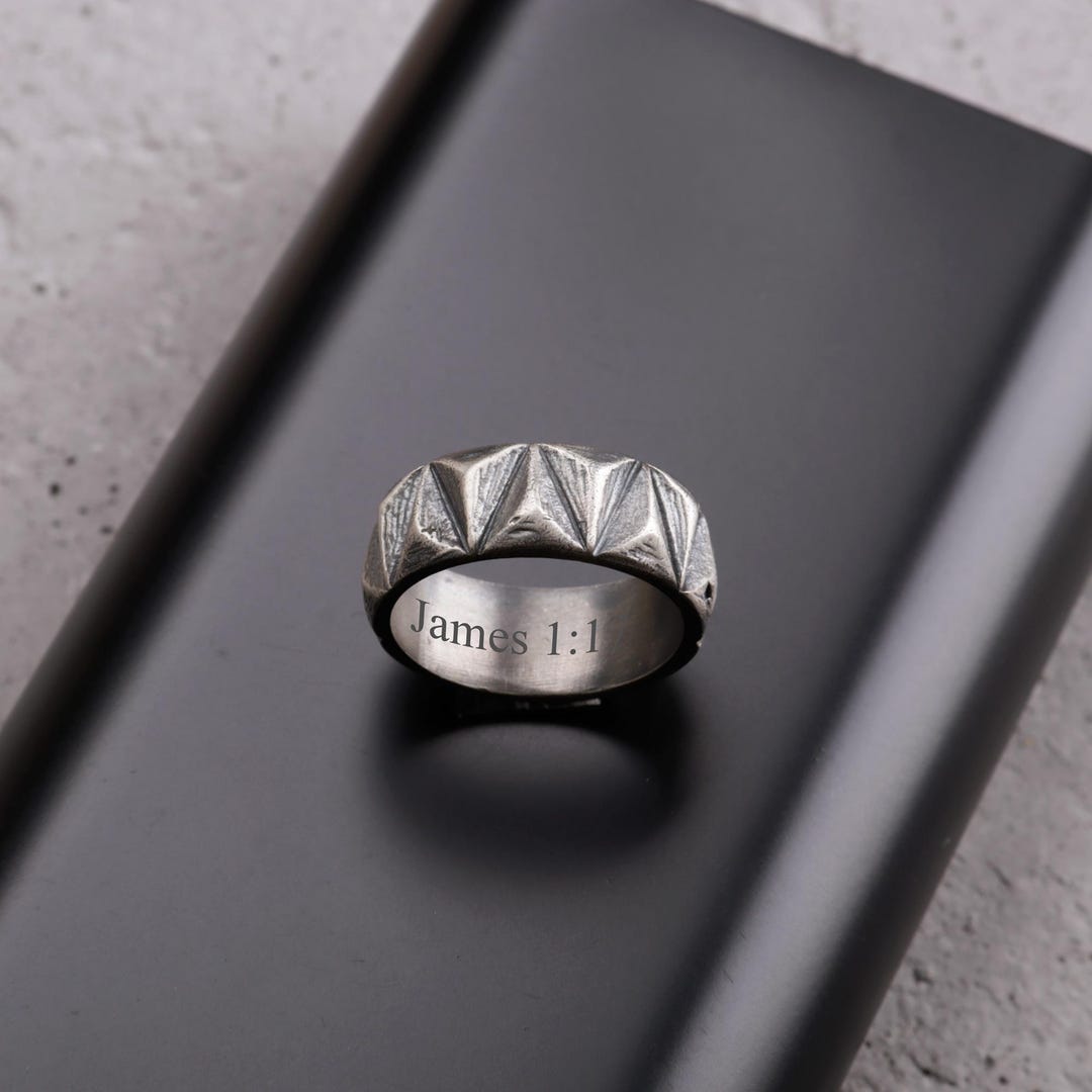 Personalized Christian Ring for Men, Textured Geometric Silver Band ...