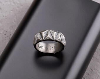 Personalized Christian Ring for Men, Textured Geometric Silver Band, Engraved Religious Ring