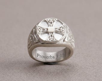 925 Sterling Silver Celtic Cross Ring, Irish Knot Christian Jewelry, Viking Signet Ring