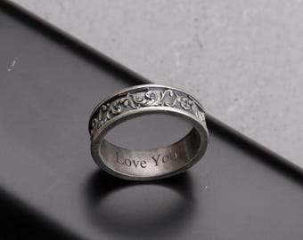 Mens Engraved Ring, Vintage Patterned Silver Band Ring Unisex