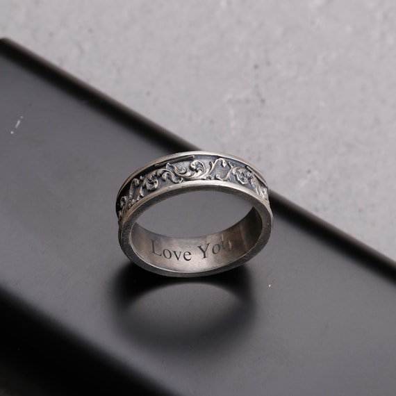 Mens Engraved Ring, Vintage Patterned Silver Band Ring Unisex