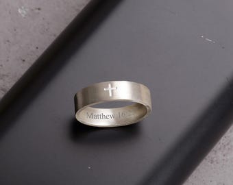 Engraved Silver Cross Band, Catholic Religious Ring, Christian Unisex Band