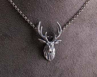 Sterling Silver Stag Head Pendant Necklace, Deer Charm Jewelry