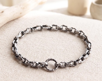 Oxidized Silver Hammered Cable Chain Bracelet, Hammered Chain Link Bracelet, Viking Chunky Chain Neckalce for Men