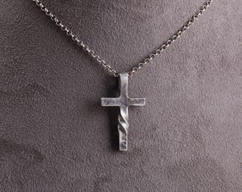 Silver Cross Pendant Hammered Finish, Christian Twisted Cross Necklace