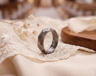 Engraved Silver Wedding Ring, Geometric Textured Wedding Band Unisex, Unique Promise Gift