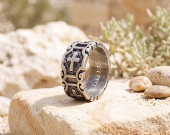 925 Sterling Silver Vintage Cross Ring, Custom Engraved Punk Band, Religious Ring, Faith Statement Ring for Men, Confirmation Gift Idea