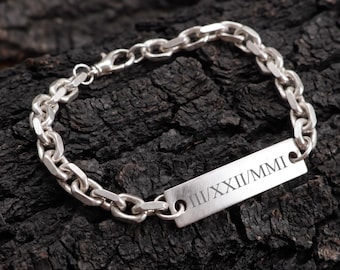 Sterling Silver Anchor Chain Bracelet, Personalized Bracelet for Him, Engraved Bar Bracelet, Unisex Anniversary Gift for Him Her