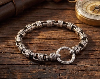 Oxidized Sterling Silver Barrel Link Bracelet for Men & Women, Carved Scroll Pattern Filigree Chain, Punk Biker Jewelry, Gift for Him