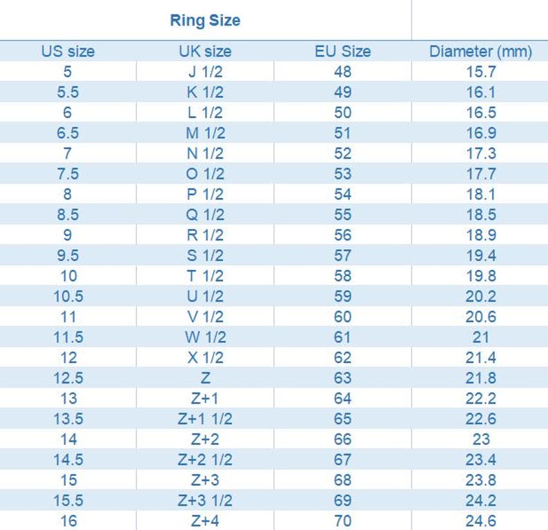 May include: A ring size conversion chart with columns for US, UK, and EU sizes, along with corresponding millimeter diameters. The chart includes sizes from US 5 to 16, with UK and EU equivalents. The text is in a clear, easy-to-read font.
