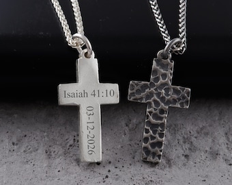 Engraved Sterling Silver Hammered Cross Necklace, Personalized Religious Gift for Boyfriend