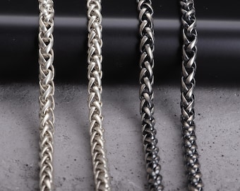 Sterling Silver Wheat Chain Necklace, Braided Spiga Link Chain for Men & Women