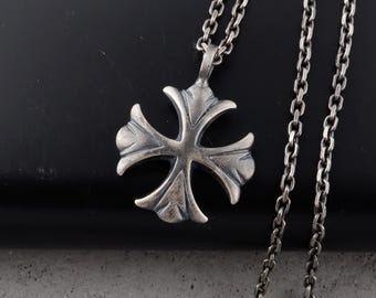 Oxidized Sterling Silver Gothic Cross Pendant Necklace, Fleur de Lis Christian Jewelry