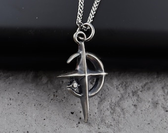 Sterling Silver Moon and Star Cross Pendant Necklace, Celestial Jewelry